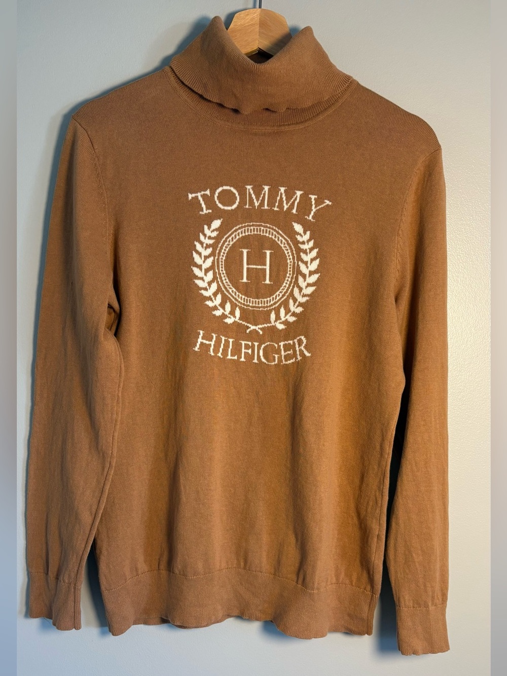 Camel colour Tommy Hilfiger Vintage-Style Crest Turtleneck Sweater